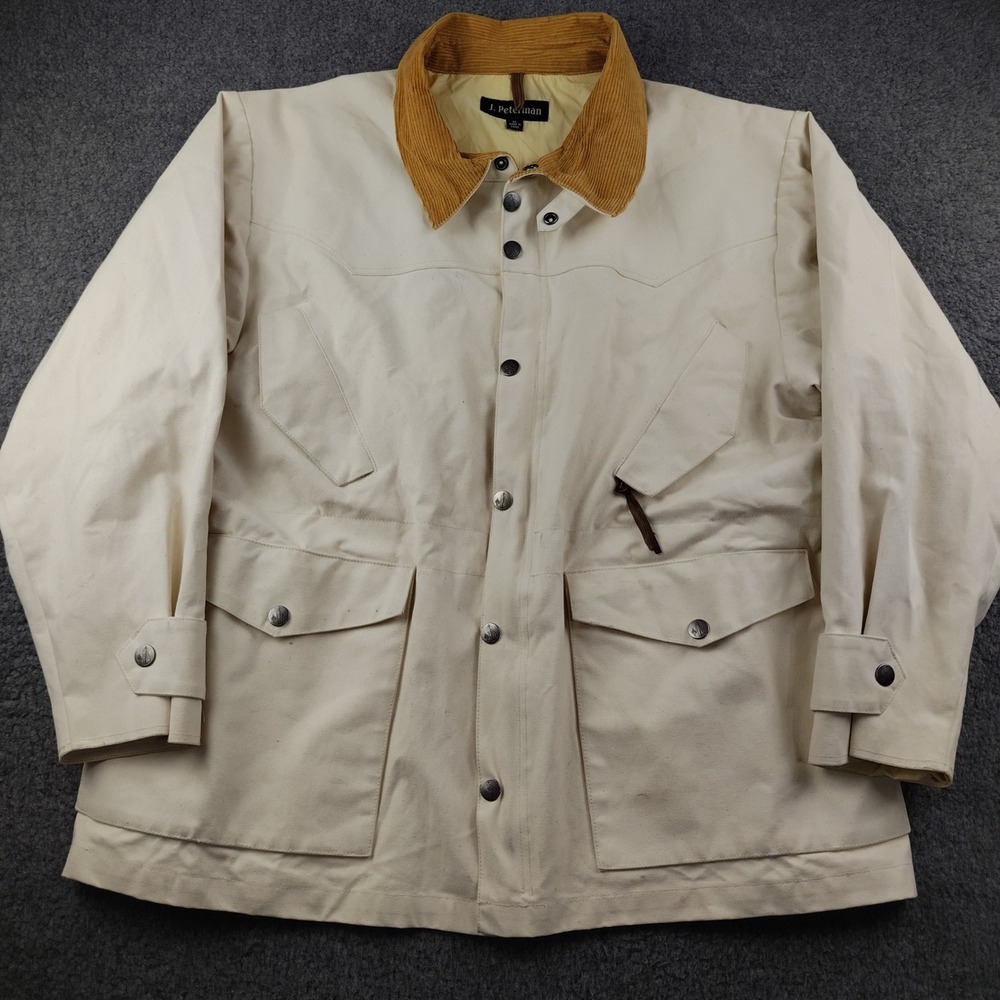 J. Peterman Canvas Field Jacket Mens XL Safari Chore Cream Corduroy Collar